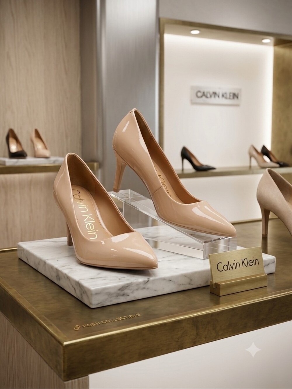Calvin Klein Nude Patent Leather Pointed Toe Kitten Heel Pumps Size 7.5